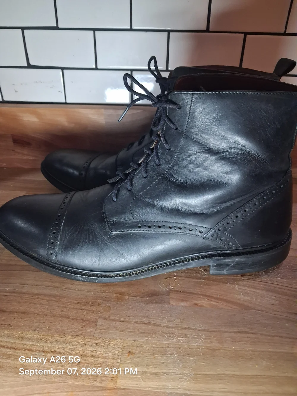 Men's Stafford Black Leather Lace-Up Cap-Toe Boots Sz 11